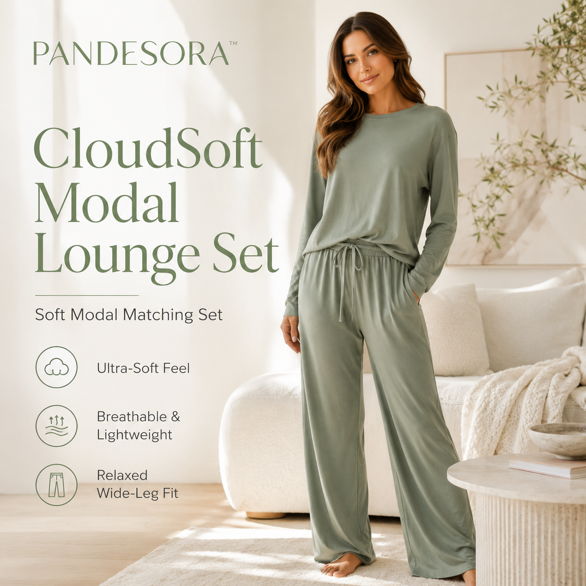 PANDESORA™ CloudSoft Modal Lounge Set | Women's Modal Pajama Set, Soft Long Sleeve Loungewear, Relaxed Wide-Leg Pants