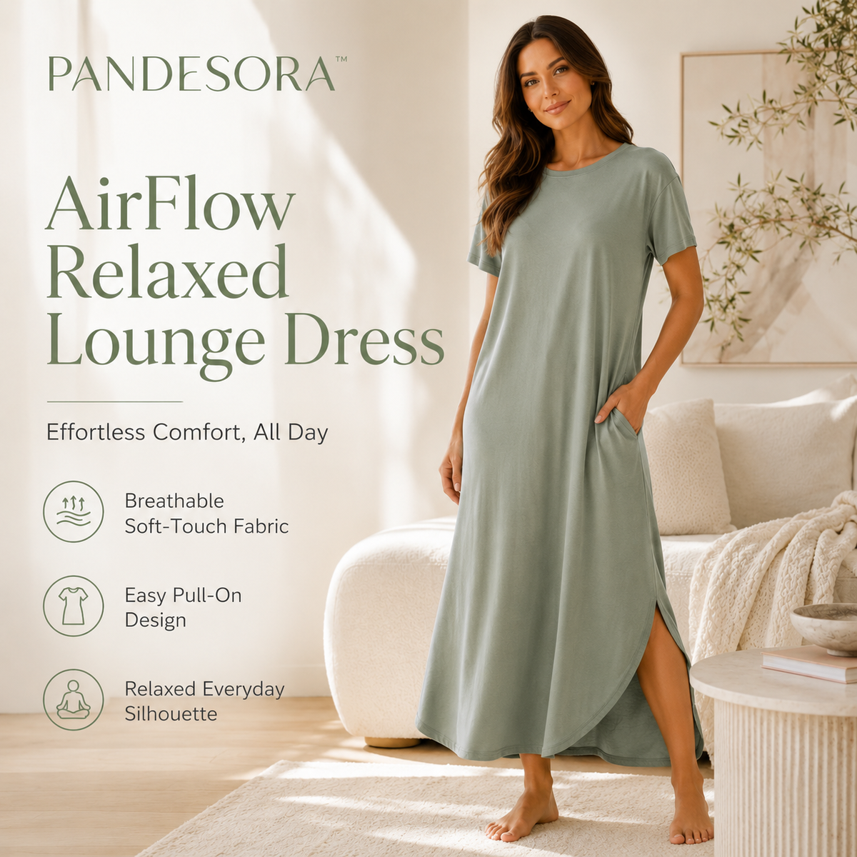 PANDESORA™ AirFlow Relaxed Lounge Dress | Women's Soft Sleep Dress, Short Sleeve House Dress, Minimalist Nightgown