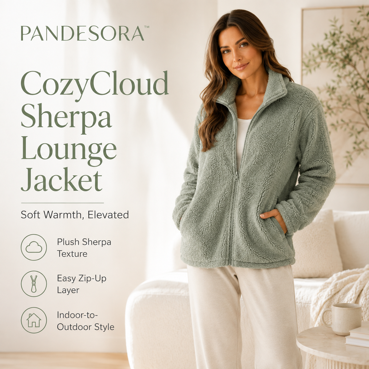 PANDESORA™ CozyCloud Sherpa Lounge Jacket | Women's Plush Zip Up Fleece Homewear, Soft Cozy Minimalist Layer