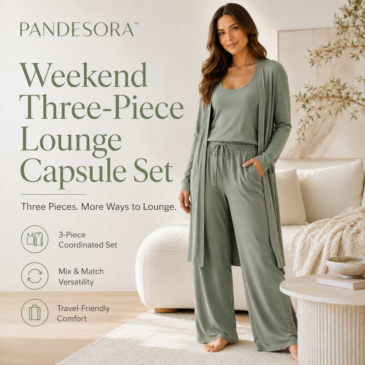 PANDESORA™ Weekend Three-Piece Lounge Capsule Set | Women's Tank, Cardigan & Wide Leg Pants Soft Knit Matching Set