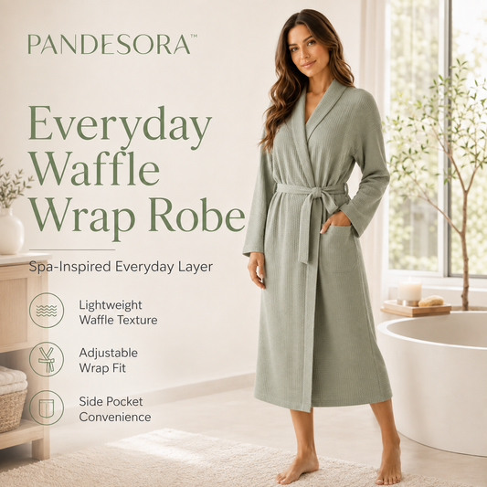 PANDESORA™ Everyday Waffle Wrap Robe | Women's Waffle Knit Robe, Lightweight Spa Bathrobe with Pockets