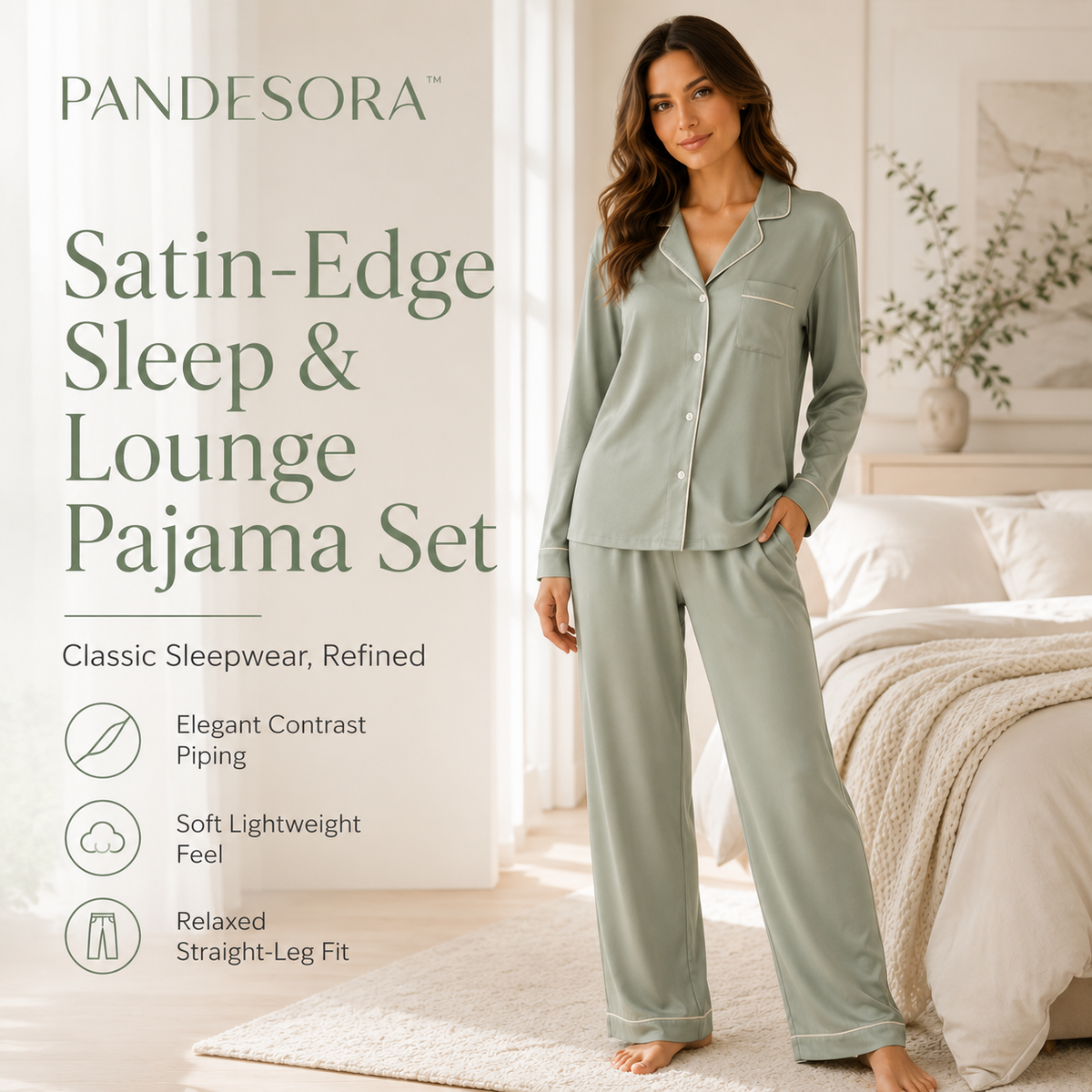 PANDESORA™ Satin-Edge Sleep & Lounge Pajama Set | Women's Button Down Pajama Set, Satin Trim Sleepwear