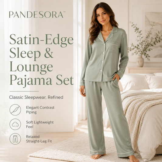 PANDESORA™ Satin-Edge Sleep & Lounge Pajama Set | Women's Button Down Pajama Set, Satin Trim Sleepwear