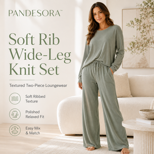 PANDESORA™ Soft Rib Wide-Leg Knit Set | Women's Ribbed Knit Lounge Set, Long Sleeve Top & Wide-Leg Pants